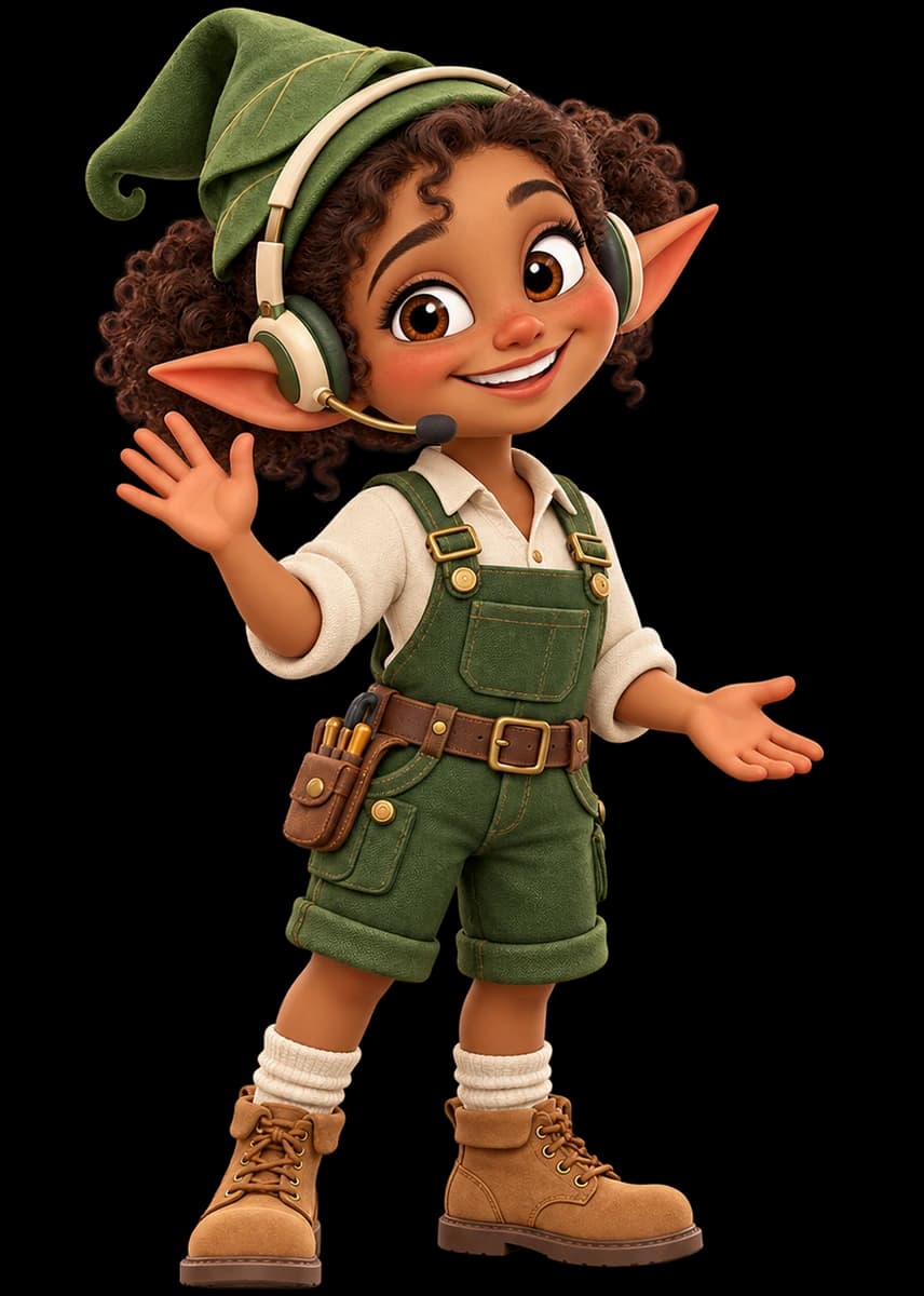 Moss, the support elf, with a headset, waving